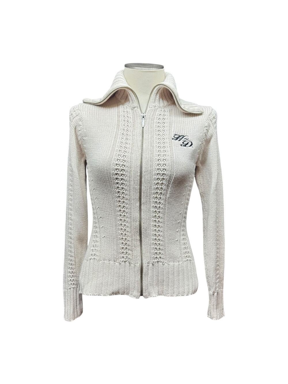 Harley-Davidson Full Zip Shawl Neck Sweater Cream Silver Sparkle Small
